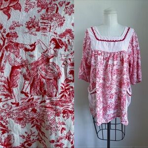 ⭐️3/$30⭐️ (bundle deal) Vintage 1960s Red Toile Smock Top / up to 45" bust